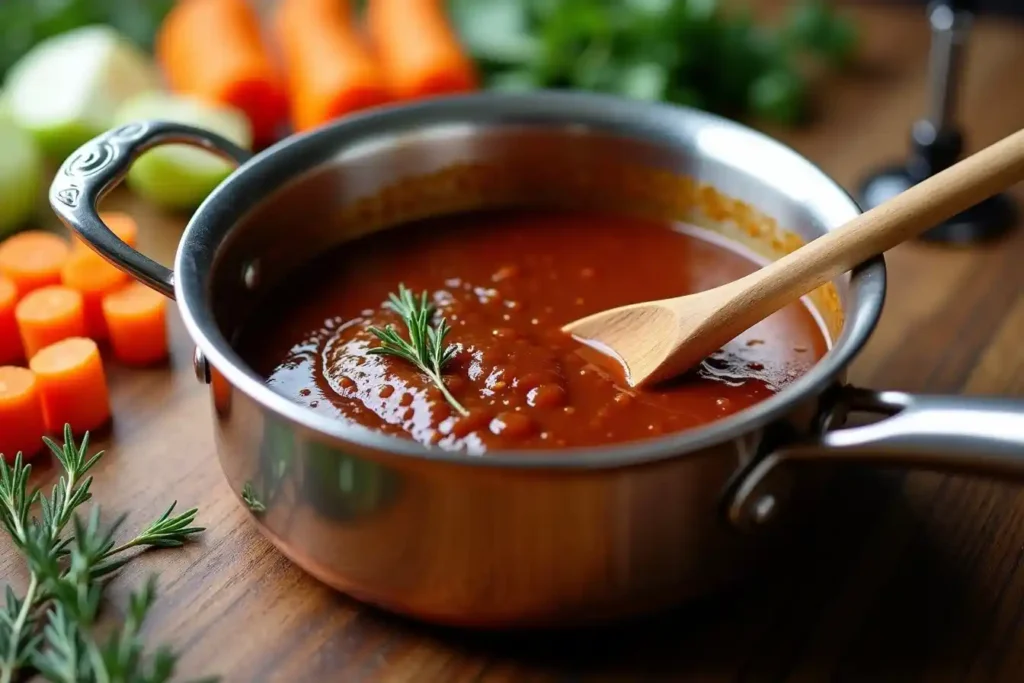 Rich brown Espagnole sauce simmering in a pan with mirepoix and herbs, a classic French mother sauce