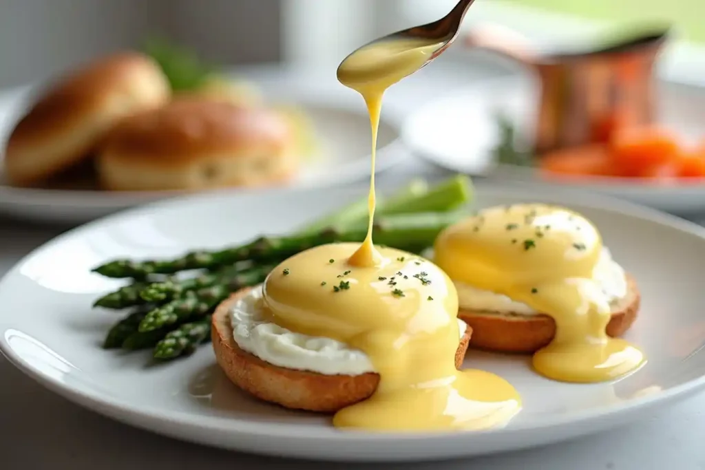 Classic Hollandaise sauce drizzled over Eggs Benedict with poached eggs and asparagus on a white breakfast plate
