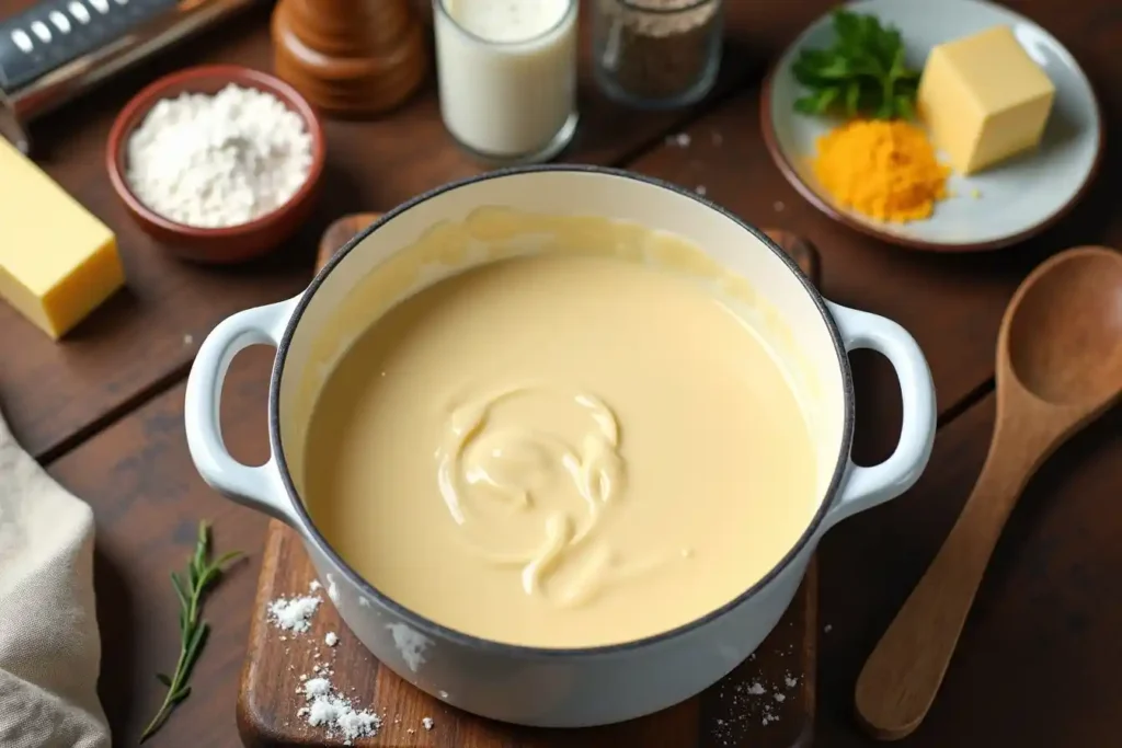 Realistic image of classic French Béchamel sauce in a saucepan with butter, flour, milk, and nutmeg on a rustic kitchen counter
