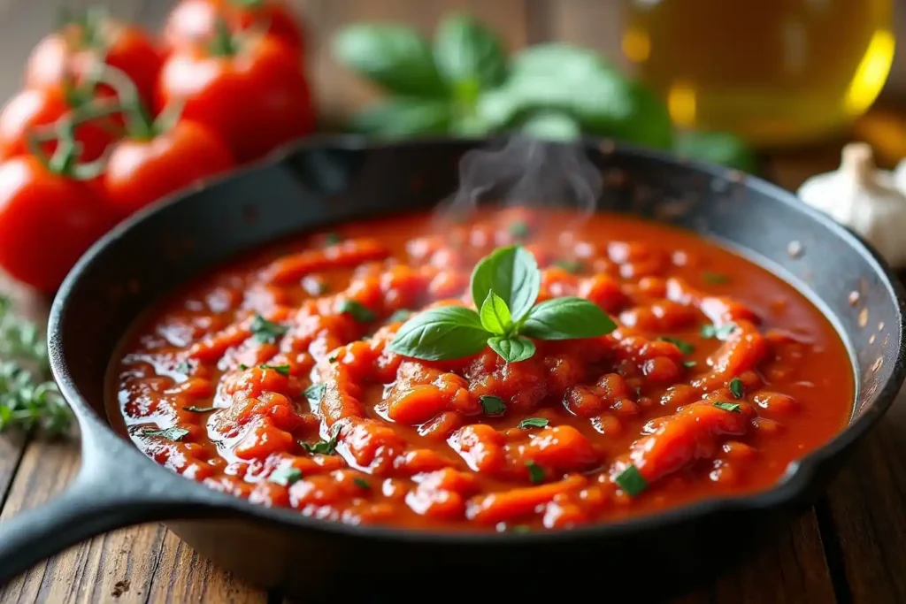 Rich red French tomato sauce simmering in a pan with garlic, herbs, and fresh tomatoes