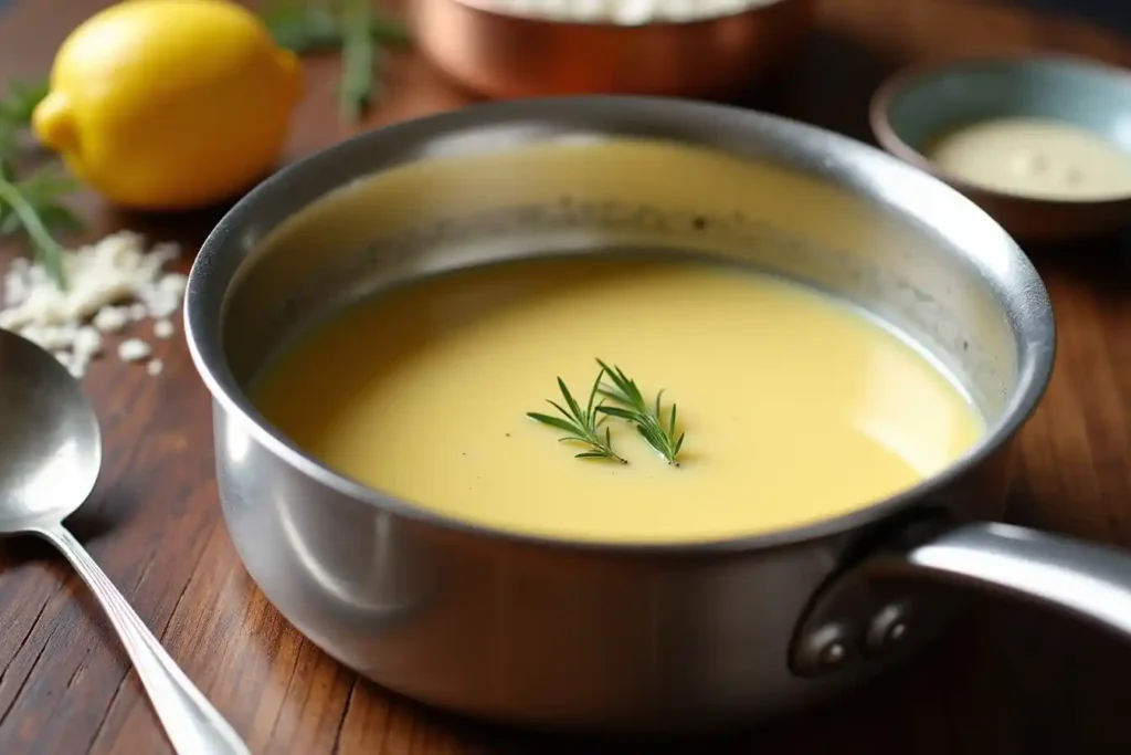 Realistic photo of classic French Velouté sauce in a saucepan with ingredients like butter, flour, and white stock arranged on a kitchen counter