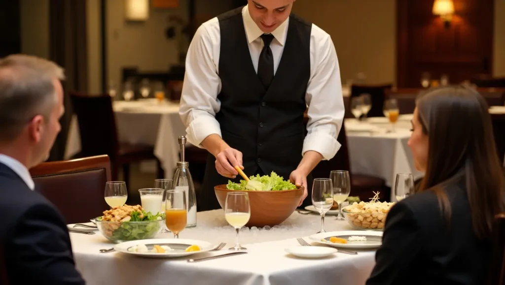Professional server preparing Caesar salad tableside using a wooden bowl and well-stocked salad trolley in an upscale fine-dining restaurant with elegant lighting and white-tablecloth tables.