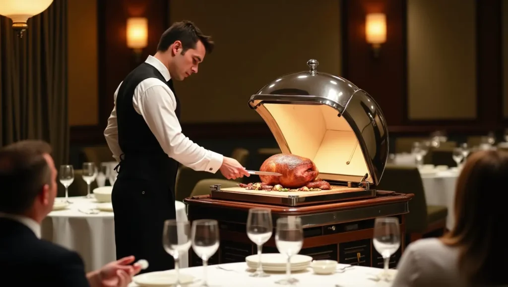 Formal waiter performing tableside carving service with a classic carving trolley in an upscale fine-dining restaurant, slicing roast meat under soft, elegant lighting.