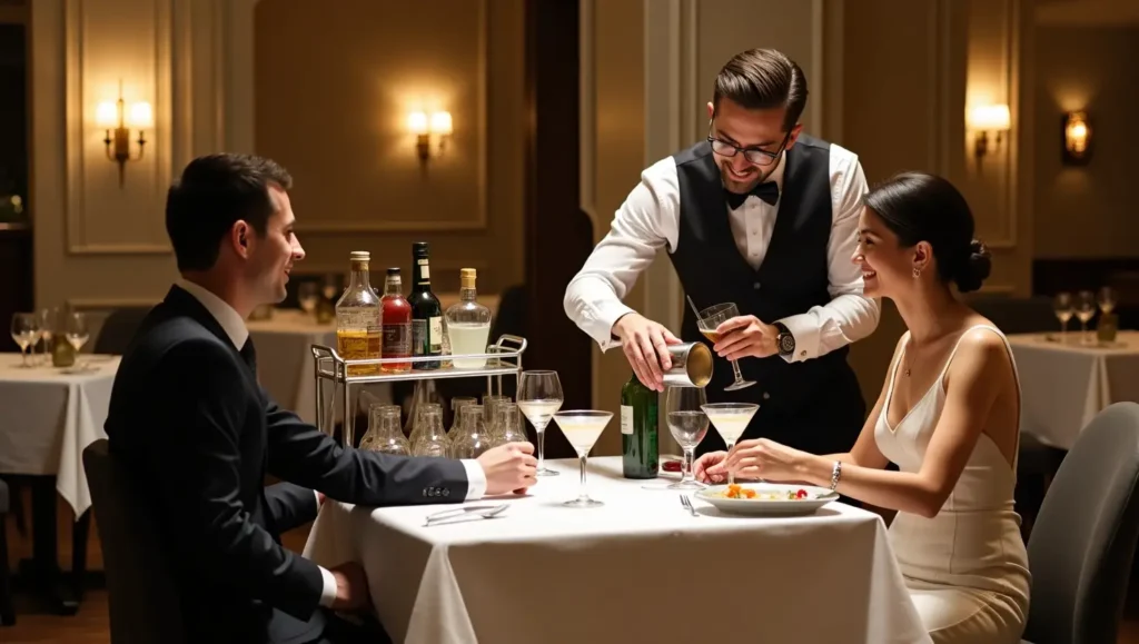 Elegant server preparing a cocktail tableside on a mobile liqueur trolley beside a guest’s table in a fine-dining restaurant, featuring spirits, bar tools, and garnishes under soft ambient lighting."

