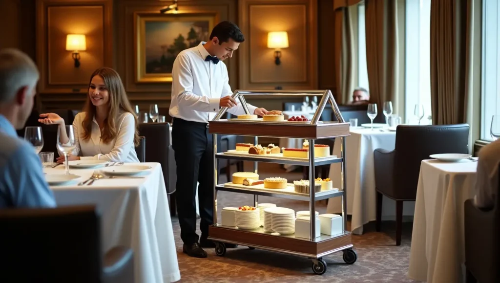 Elegant server presenting a gourmet dessert trolley beside a guest’s table in a fine-dining restaurant, showcasing layered cakes, fruit tarts, and mousses under soft ambient lighting.