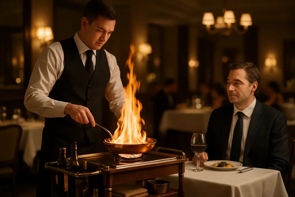 Professional waiter performing flambé tableside service using a guéridon trolley with open flame in an upscale fine-dining restaurant with warm lighting and elegant décor.
