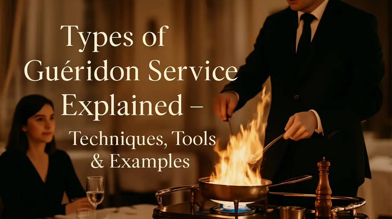 Elegant restaurant scene showing a waiter performing guéridon service with a classic trolley during tableside preparation, illustrating flambé and carving techniques