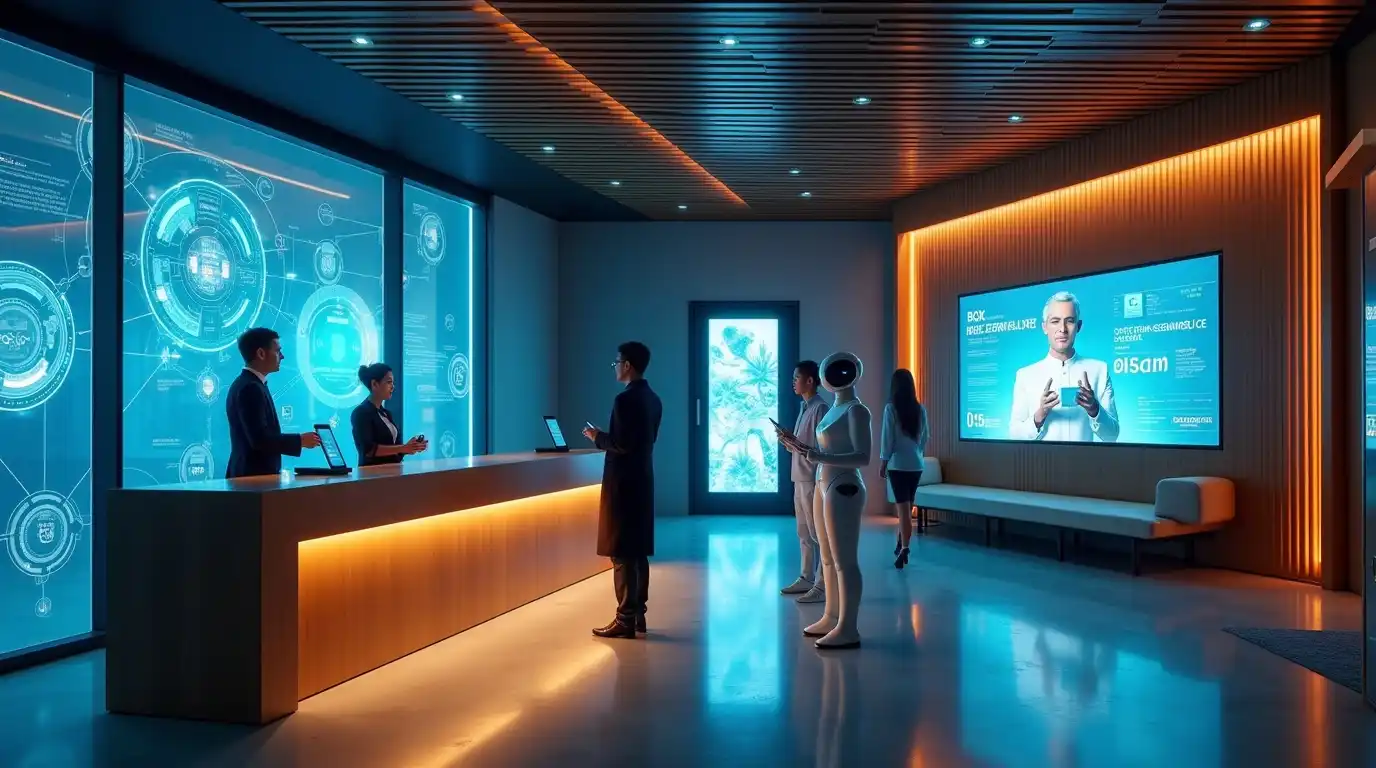 Futuristic hotel lobby showing AI technology taking over traditional front desk, with digital kiosks, humanoid robot concierge, and guests using smartphones, illustrating Smart PMS automation in 2025.